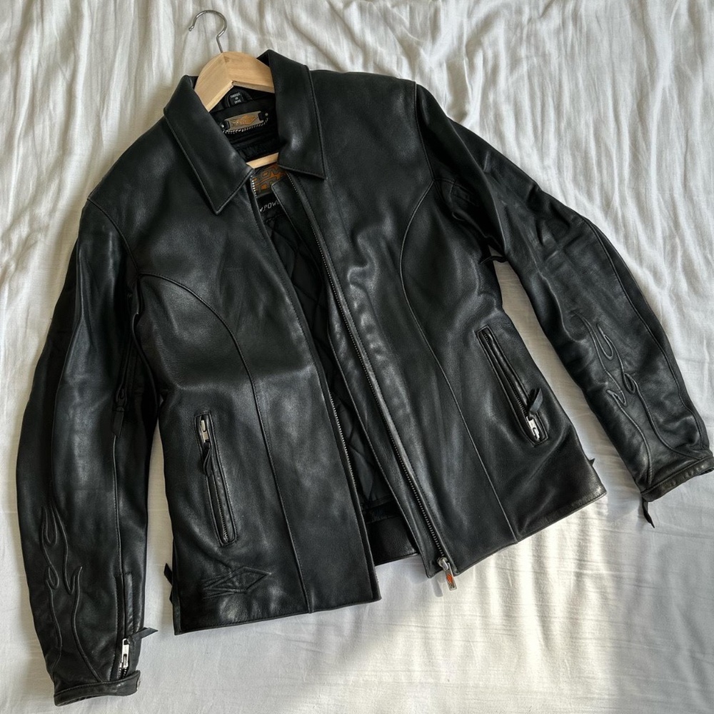 Genuine Leather Motorcycle Jacket with Flame Sleeves